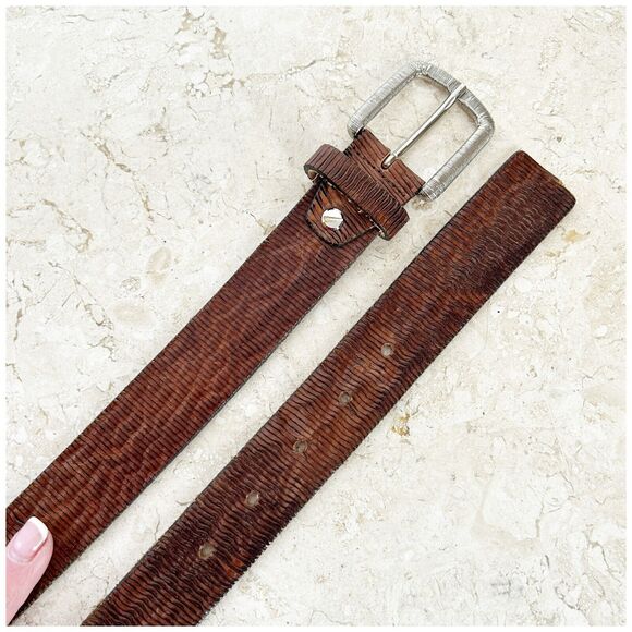 BALDININI Belt S/M Wavy Brown Leather Silver Square Buckle 90cm Made in ITALY - Picture 7 of 13